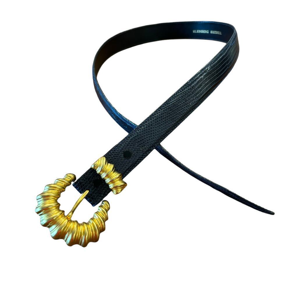 KLEINBERG SHERRILL Gold Tone Buckle with Black Snake Pattern Strap- Medium Large